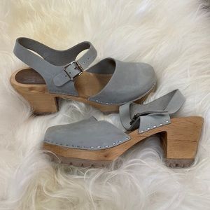 Beautiful Grey Blue Mia clogs.
